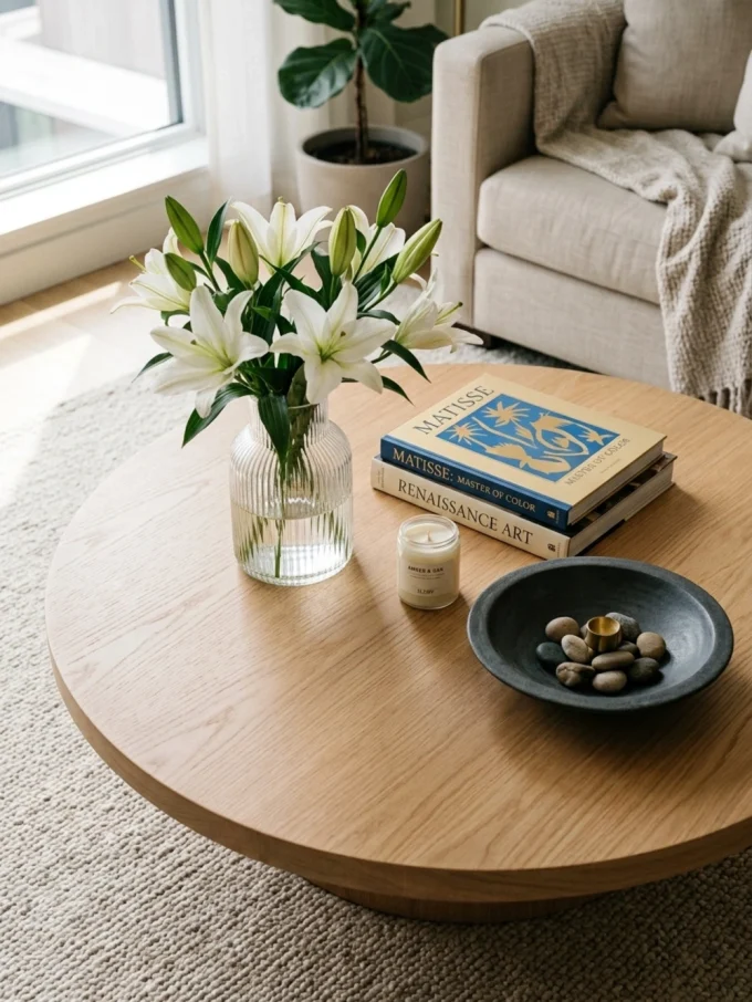 Balance a round coffee table with a circular arrangement featuring central vase or plant.