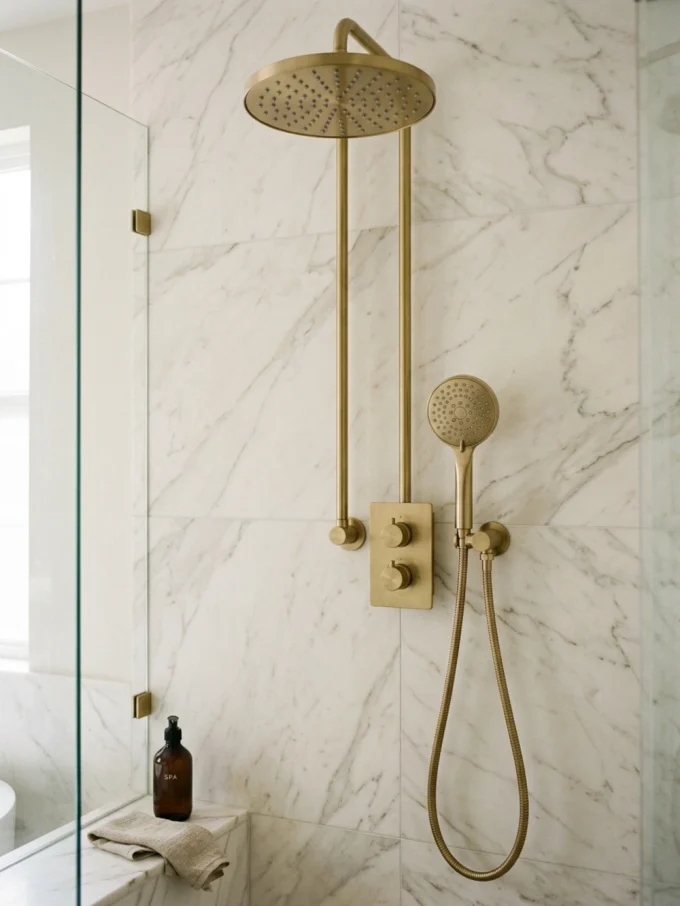 Brushed brass rain showerhead and handheld fixture against white marble tile
