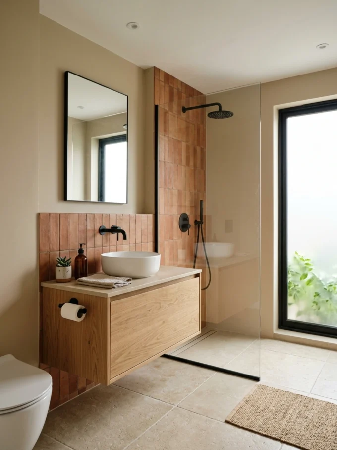 A freestanding tub is not shown, but a minimalist bathroom with earthy tones, a wooden vanity, and a glass-enclosed shower is visible.