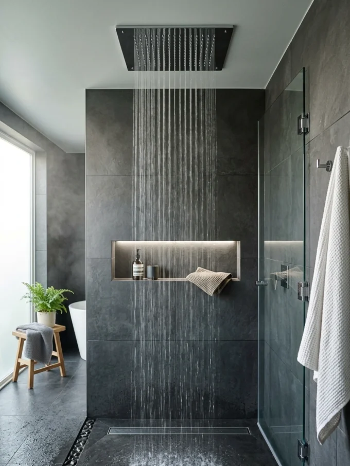 A modern look with a large rectangular rain shower adding work space while preserving an open walkway.