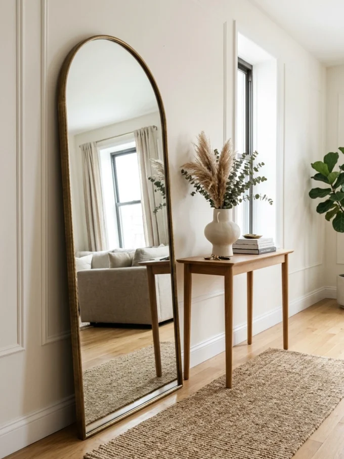 Large leaning arched mirror against a wall next to a console table with a vase and books