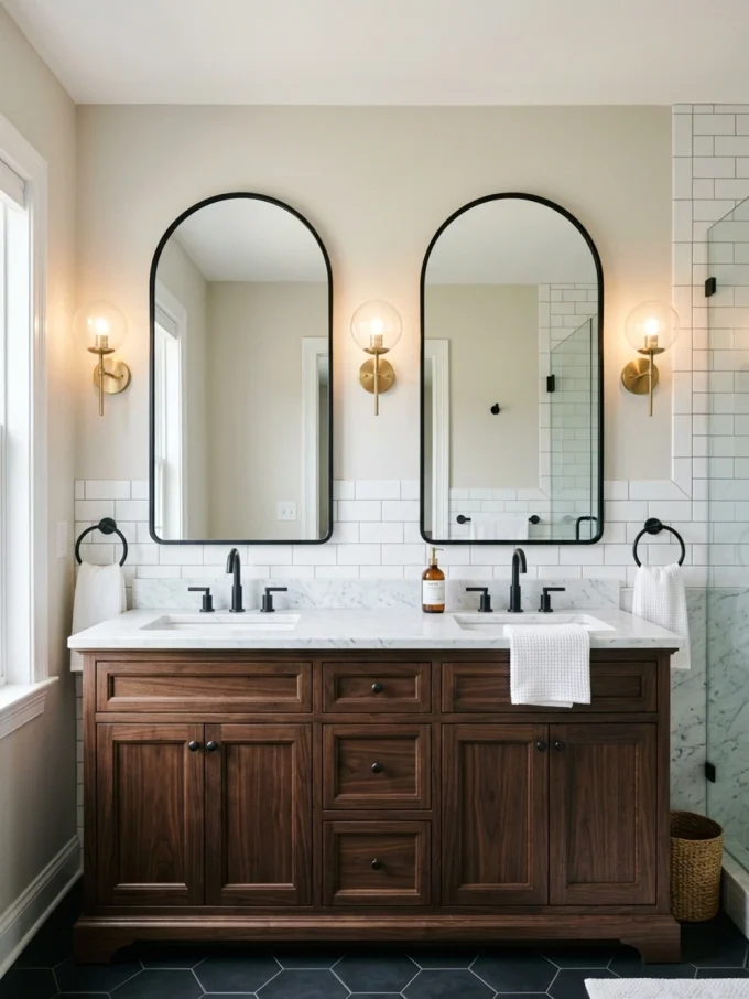 Two arched mirrors flank wall sconces above a double vanity with marble countertop