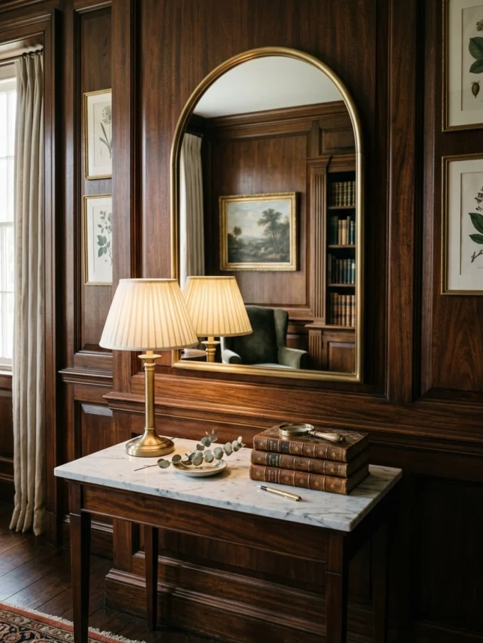 A brass-framed arch mirror hangs above a marble-topped table with a lamp, books, and decor in a room with dark wood paneling.