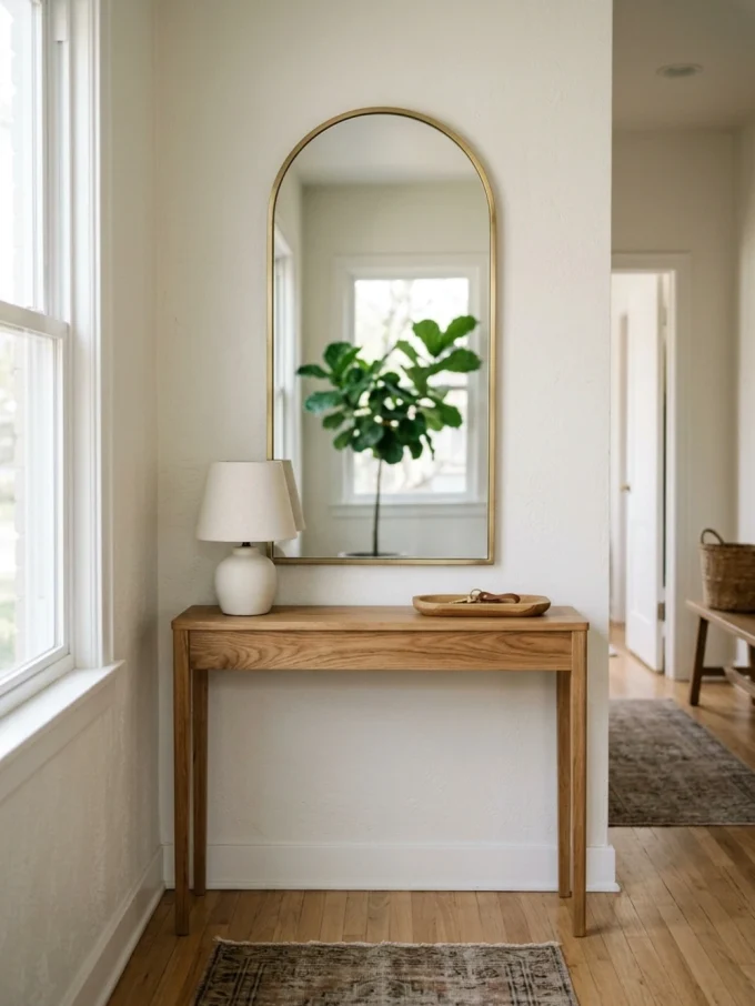 An arched mirror above a narrow wooden console table with a lamp and tray