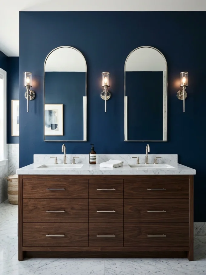 Two narrow arched mirrors flank a double vanity with marble countertop