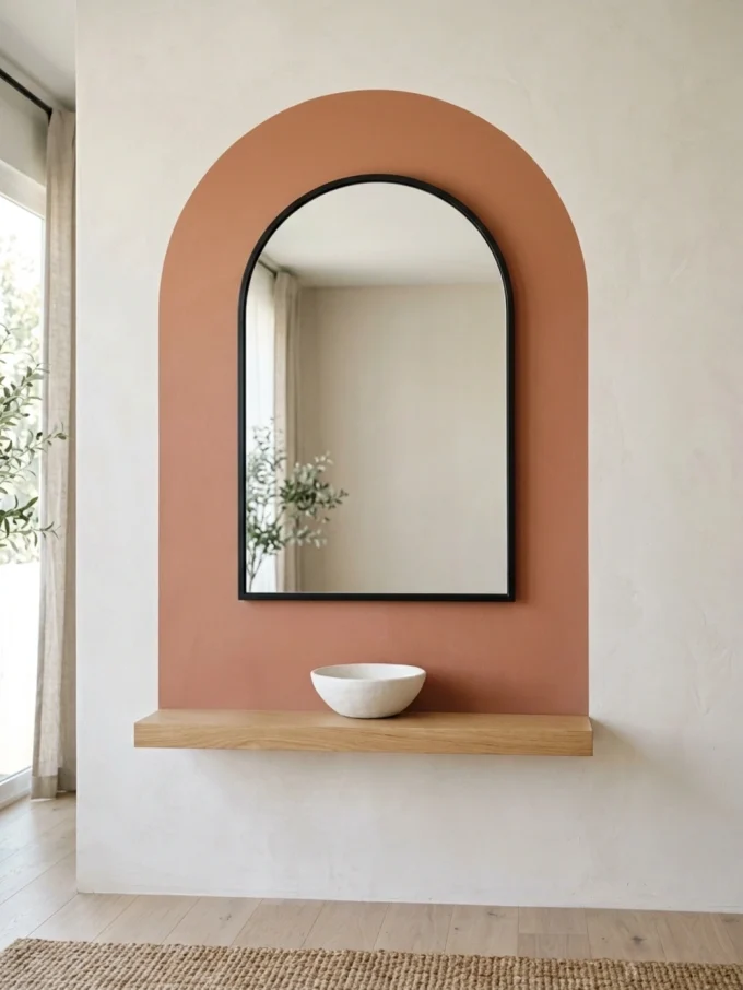 An arched mirror with a black frame hangs on a peach-painted wall shape, above a light wood shelf with a white bowl.