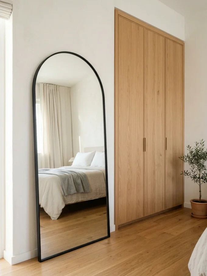A full-length arched mirror stands beside a wardrobe, reflecting a bed and window.