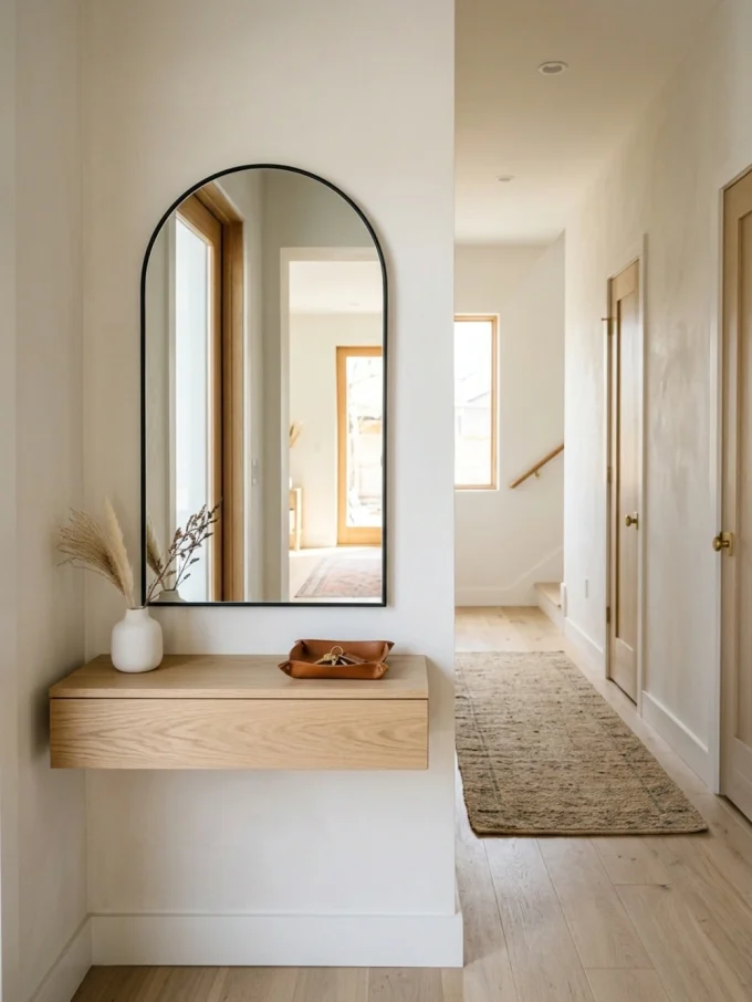 Beautiful arch mirror with layer an arch mirror behind a console in a small hallway featuring one catchall tray.
