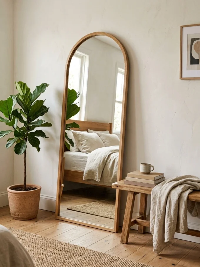 A large arched mirror leans against a white wall in a bedroom corner, reflecting a bed and window, with a plant and stool nearby.