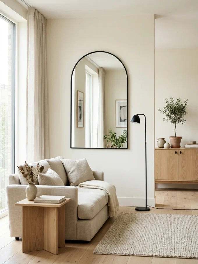 Beautiful arch mirror with let a -framed arch sharpen a soft interior featuring wood tones and accents.