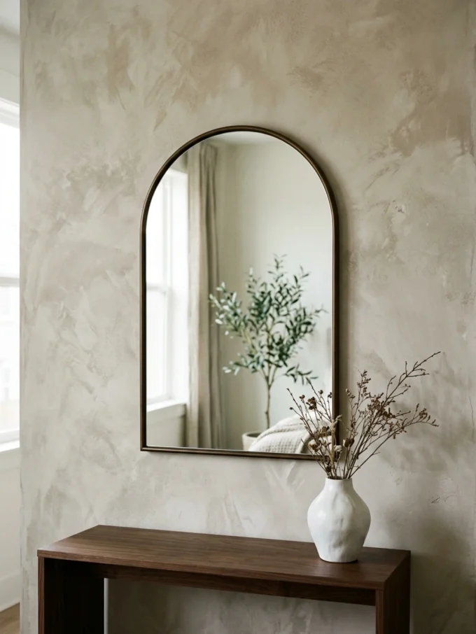 Beautiful arch mirror with mix an arched mirror with textured walls featuring wood-framed arch.