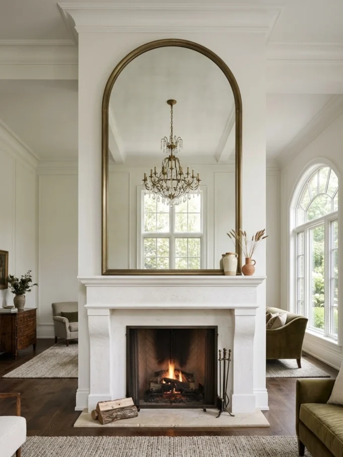Large gold-framed arched mirror above white fireplace mantel with small decor