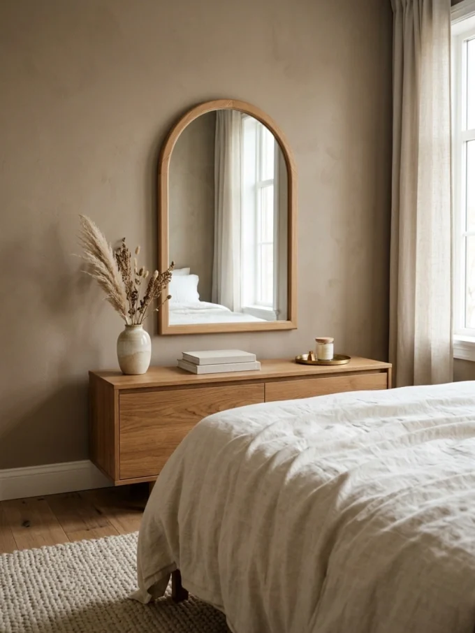 A wooden arched mirror hangs above a light wood dresser with a vase, books, and a tray in a bedroom with a neutral color palette and linen bedding.
