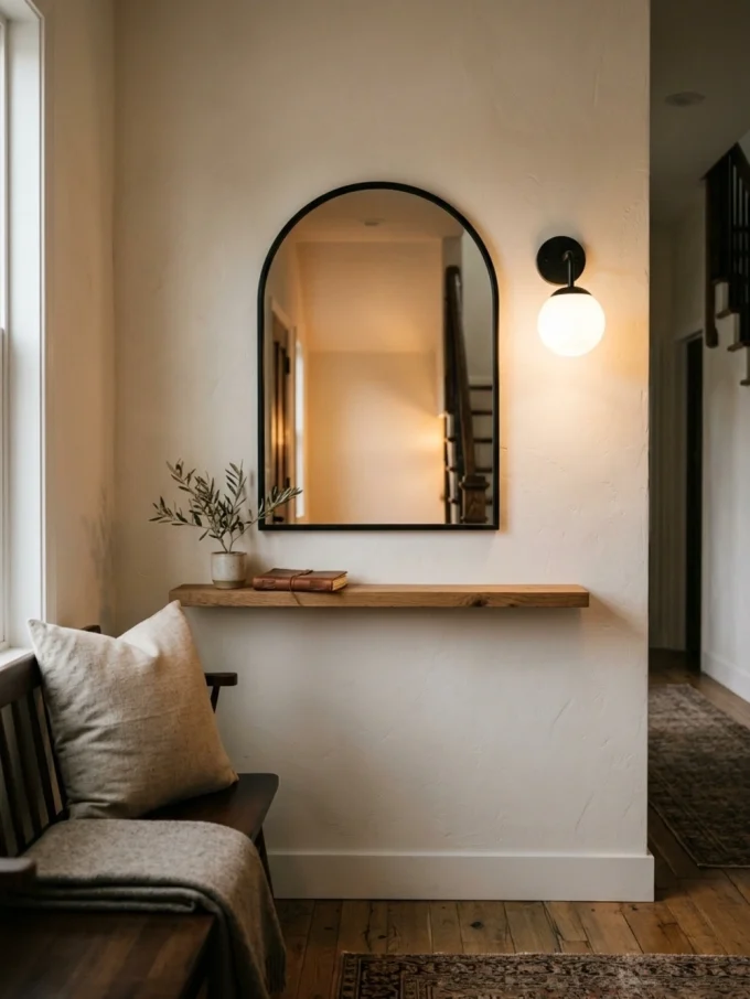 An arched mirror with a black frame hangs above a wooden shelf beside a sconce, with a chair and window to the left.