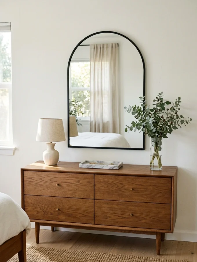 An arched mirror above a wooden dresser with a lamp, tray, and vase of eucalyptus.