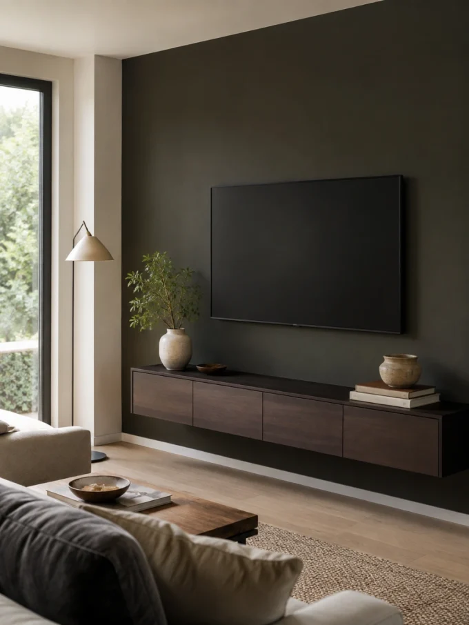 A large black TV mounted on a dark green wall above a wooden console table with decorative items