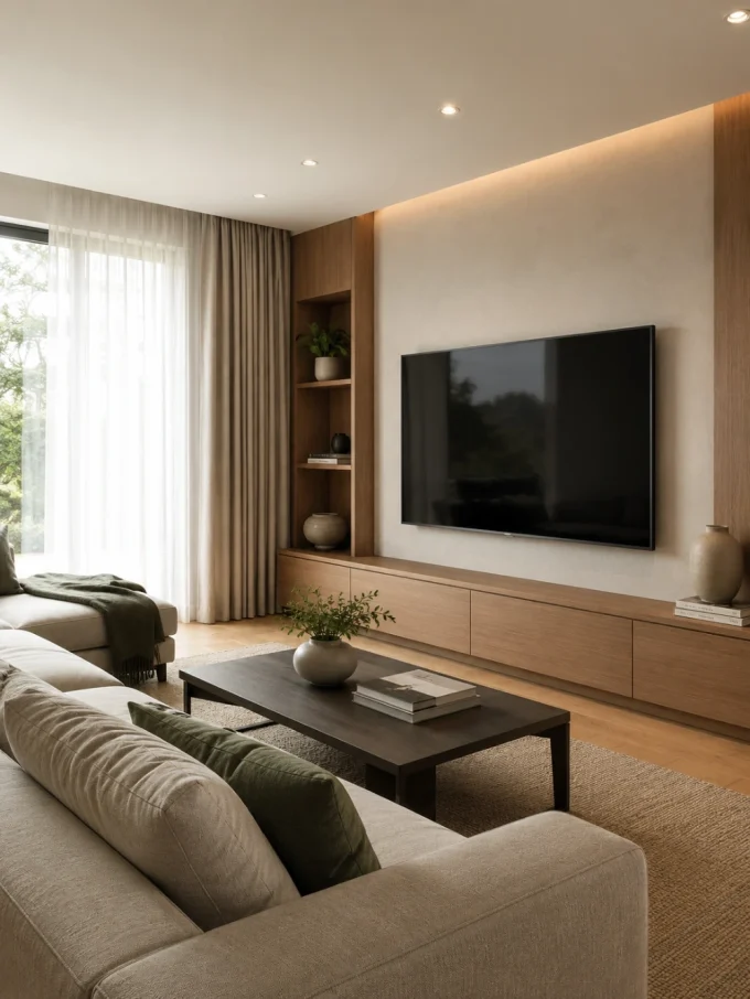A wall-mounted TV above a wooden console table between built-in shelves