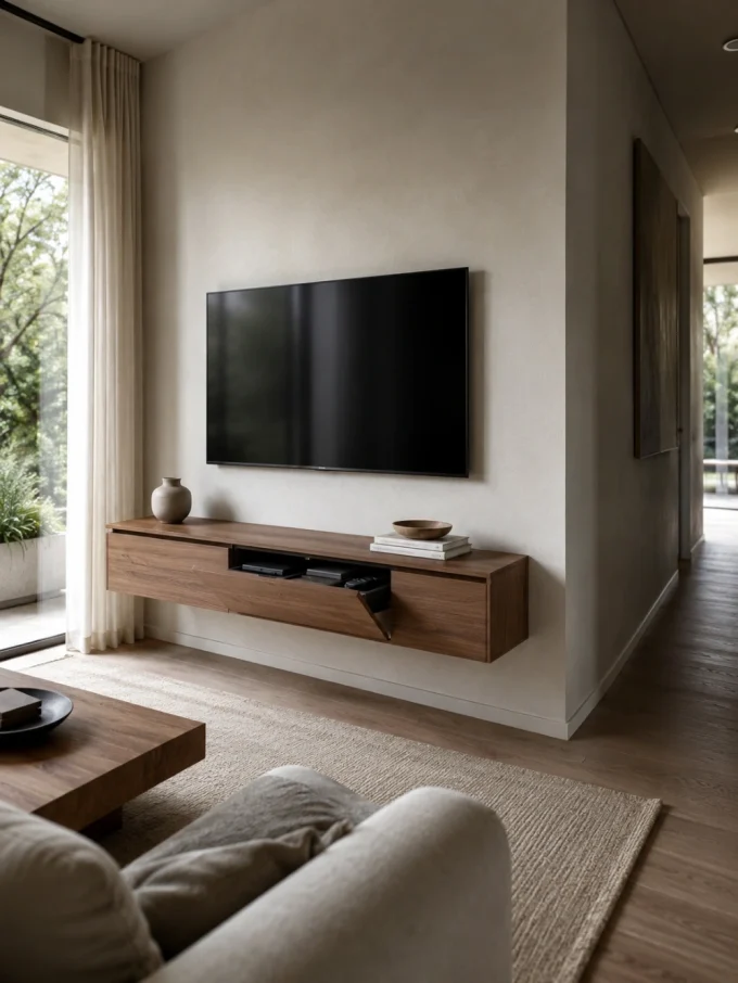 A floating wooden console with a mounted TV above it, holding a vase, bowl, and books.