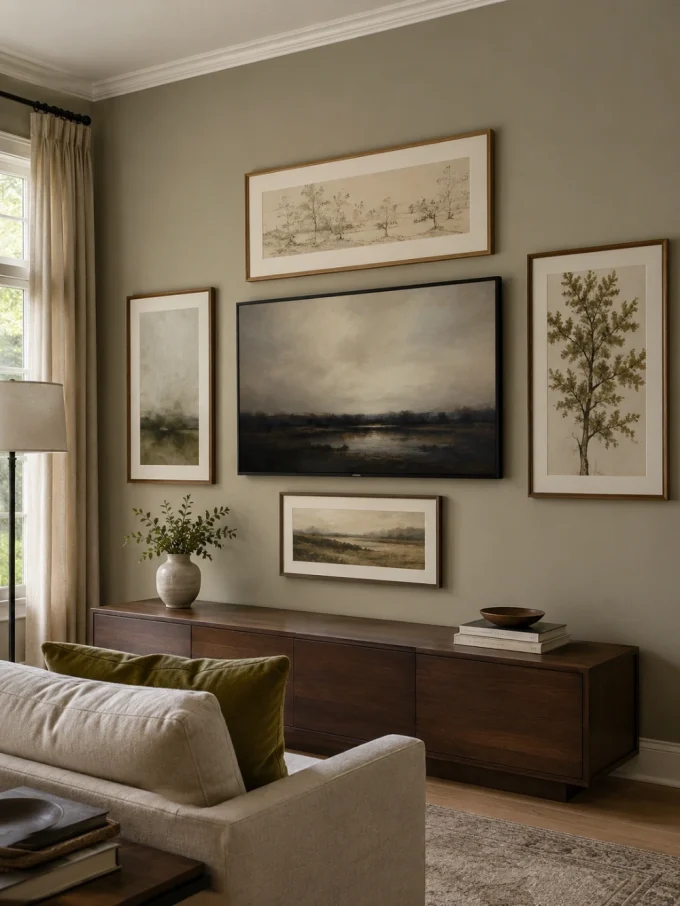 A large TV centered among five framed artworks on a muted green wall above a wooden credenza and beige sofa.
