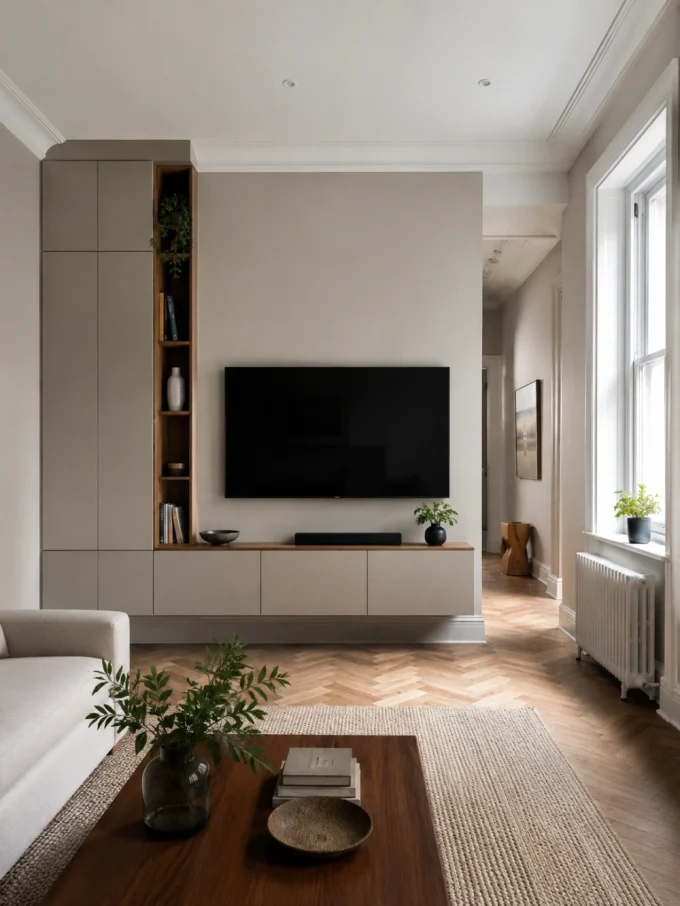 A living room with a television mounted on a wall with asymmetrical cabinetry, a tall narrow bookshelf on one side and open space on the other.
