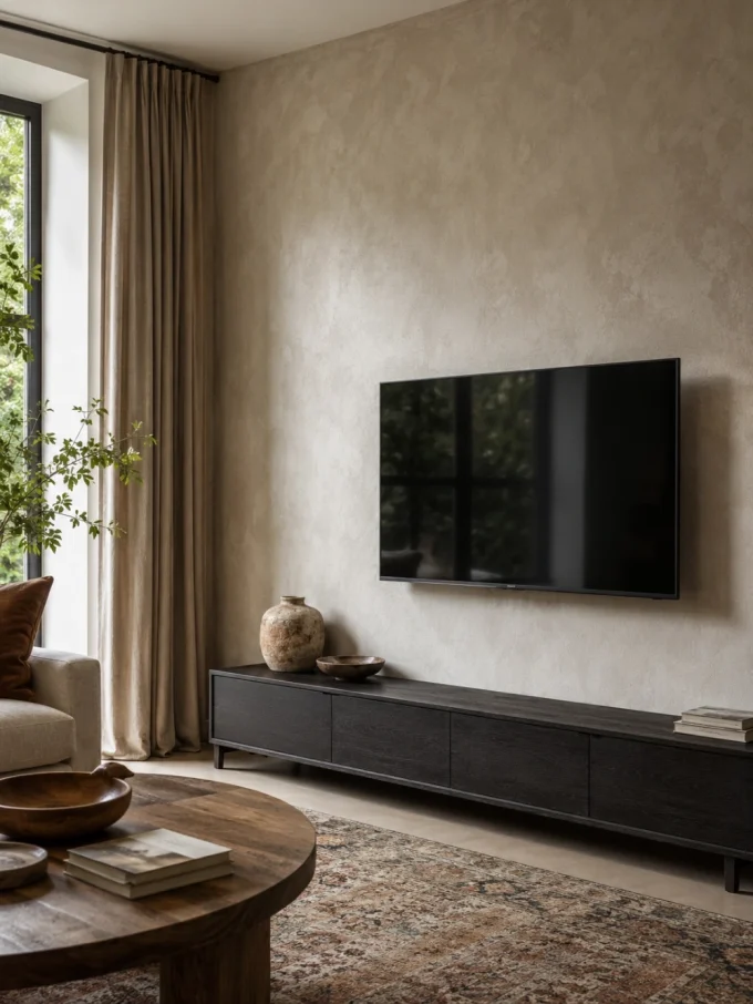 A matte TV mounted on a textured beige wall above a low console table