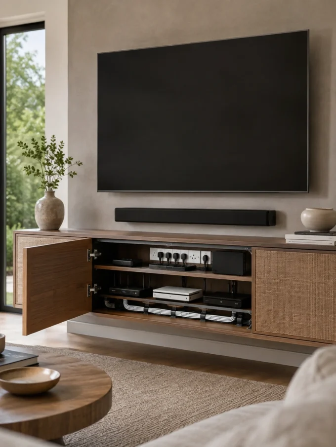A TV mounted above an open cabinet with visible cables and devices