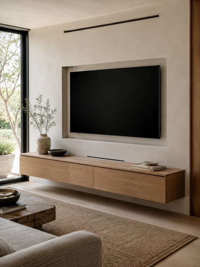 A recessed wall-mounted TV above a light wood console table with decorative items