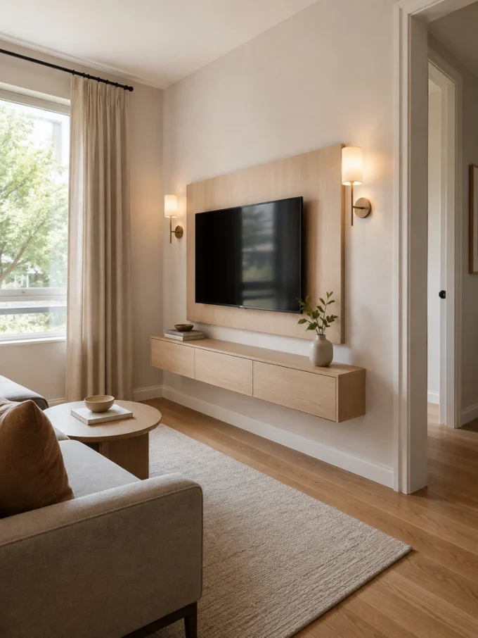 A shallow floating cabinet with a mounted TV, two wall lamps, and minimal decor