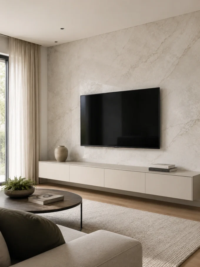Minimalist living room TV wall with a natural stone feature wall and simple floating media cabinet.
