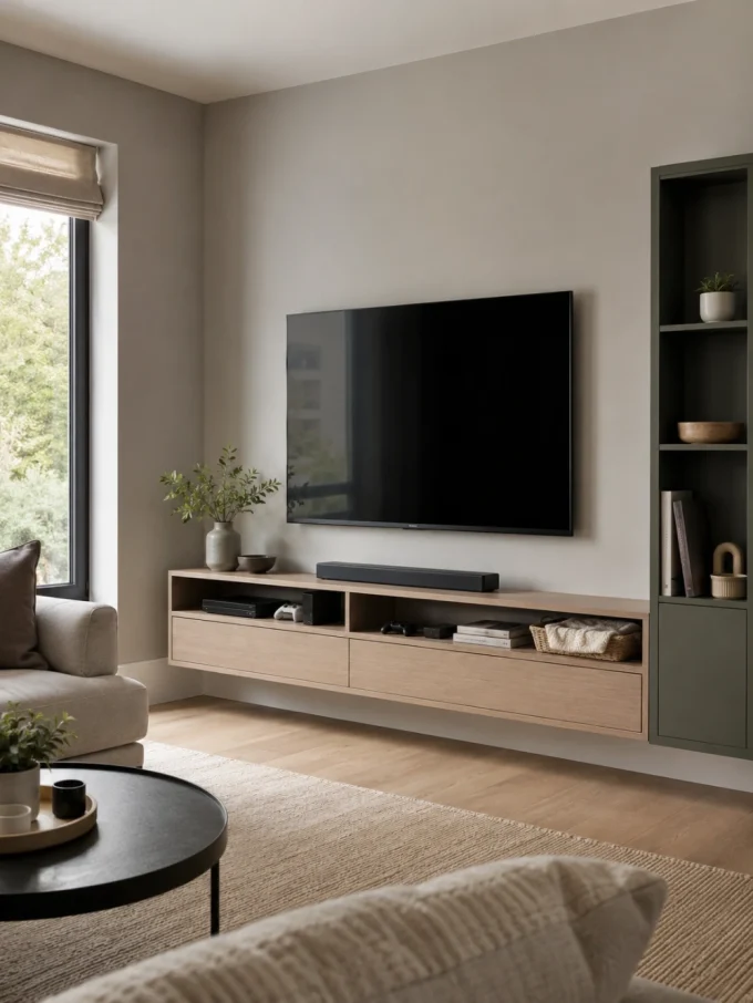 A TV mounted on a wall above a light wood media console with storage and a soundbar, flanked by a green shelving unit and a window.