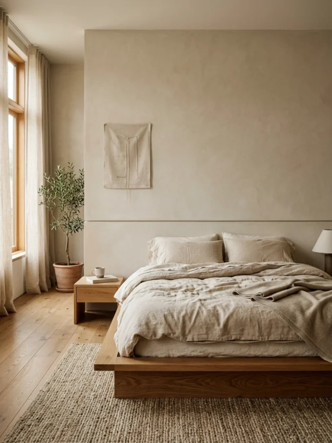 A low wooden platform bed with beige bedding and pillows, a small nightstand with a mug and book, and a potted plant beside a window.