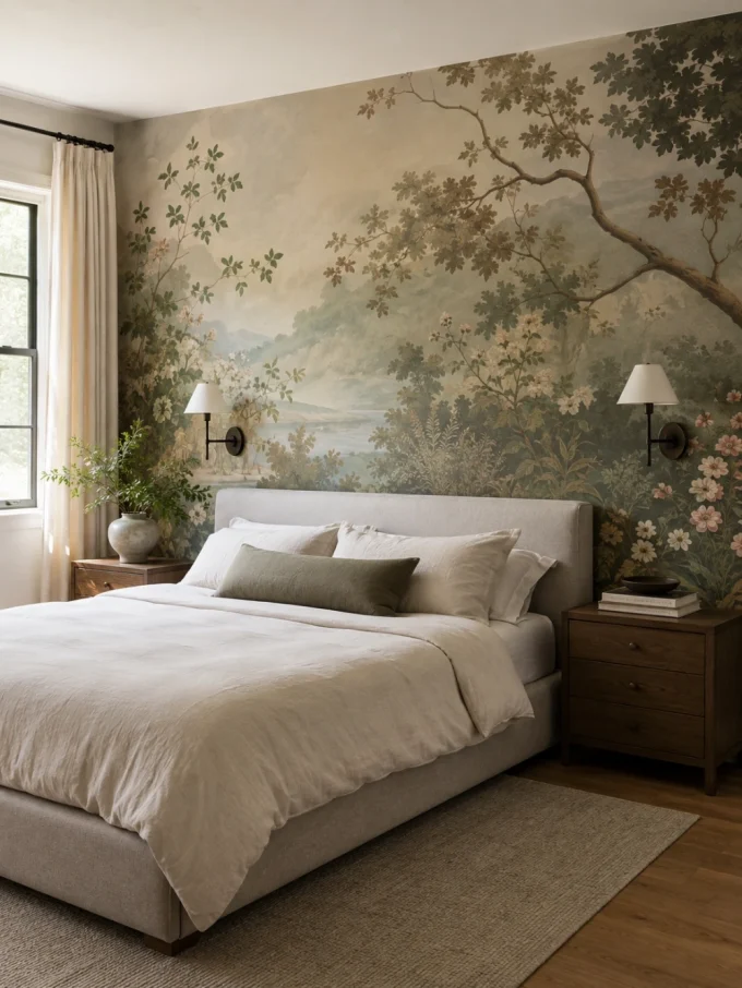 A bed with a light-colored headboard and beige bedding in front of a large mural wallpaper with a landscape scene featuring trees, flowers, and a body of water.