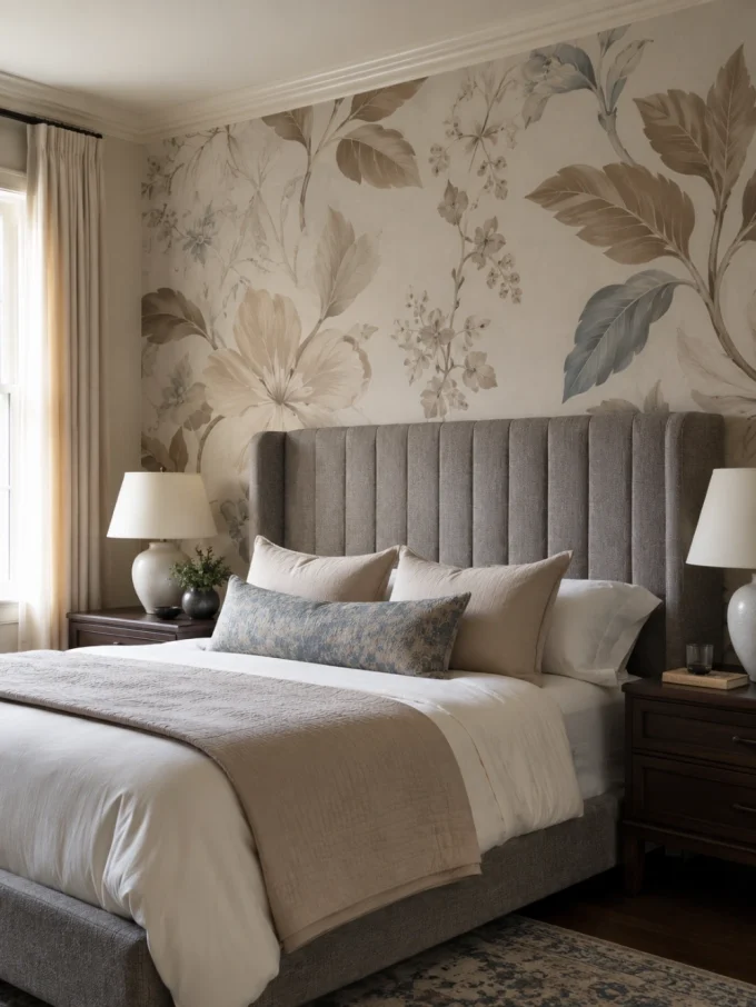 A bed with a gray upholstered headboard and a large floral wallpaper behind it