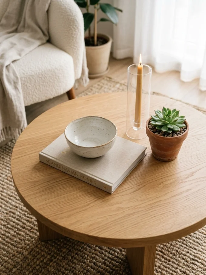 Style a small coffee table without making it crowded featuring simple small coffee table arrangement.