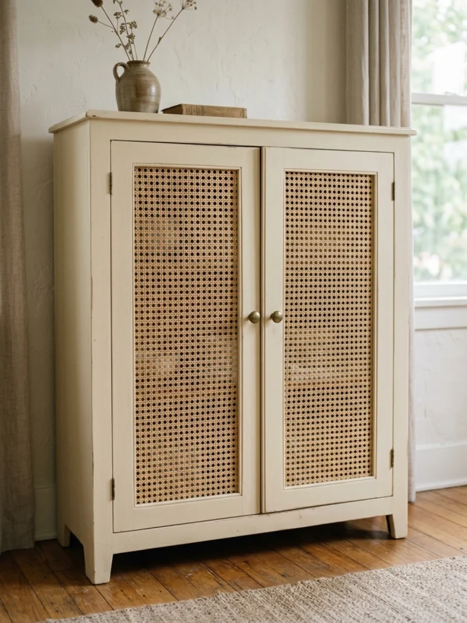A cabinet with two rattan door panels and a muted painted frame