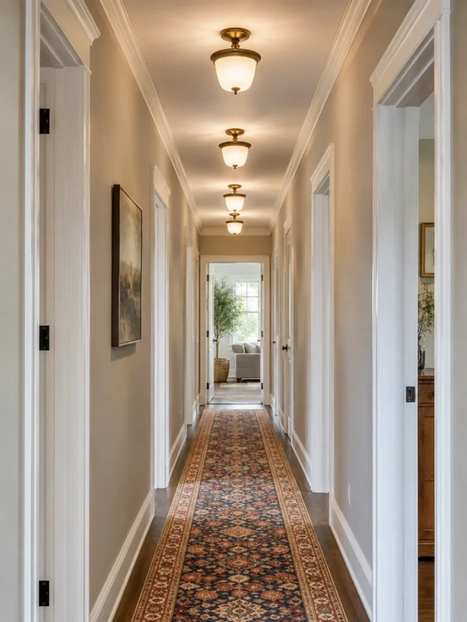 A long hallway with patterned rug and repeated ceiling lights