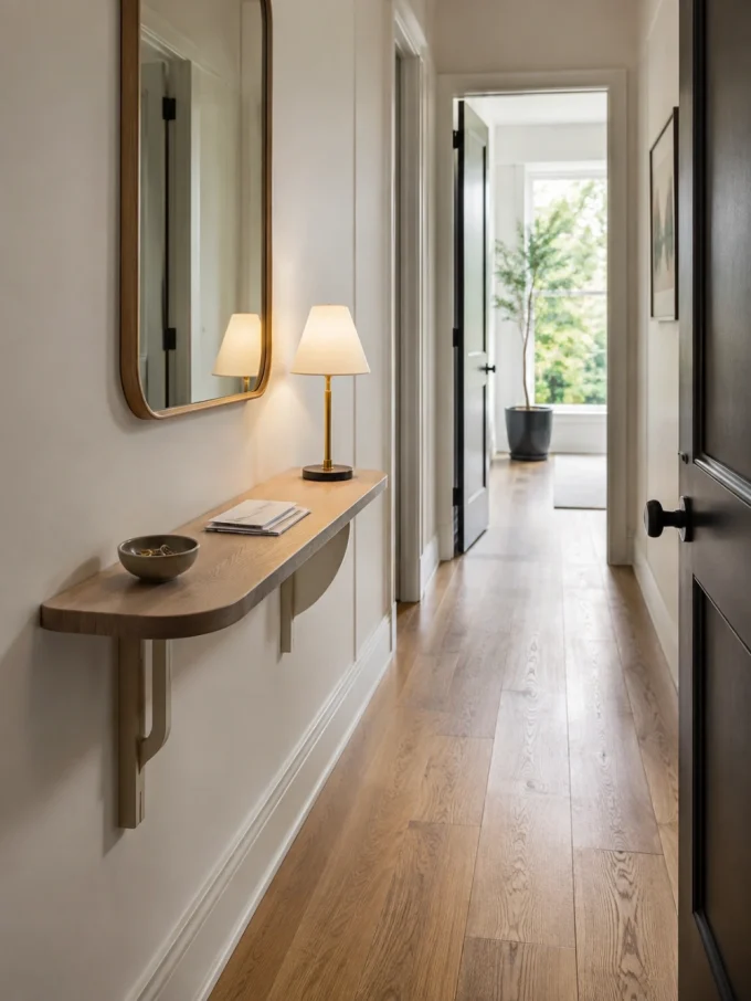 A console table with a lamp, bowl, and papers underneath a mirror