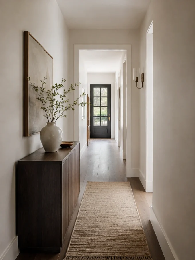 A console table with a vase and bowl under a framed picture beside a jute rug in a narrow hallway with a black door at the end.