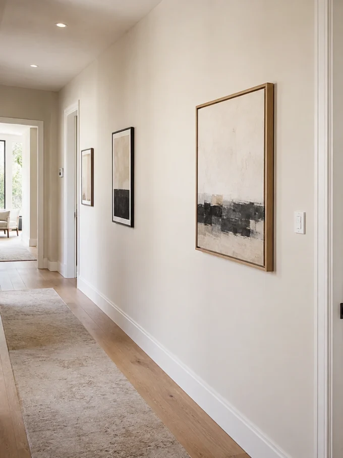 A large abstract painting in a gold frame hangs on a long white hallway wall with two smaller paintings and an open doorway in the distance.