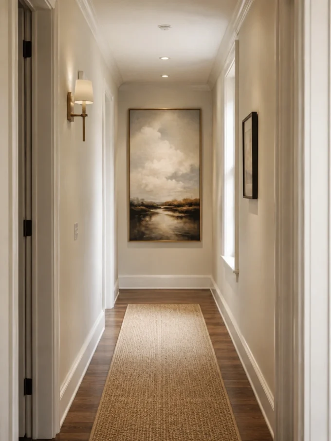 Narrow hallway with a large framed artwork creating a strong focal point at the far end.
