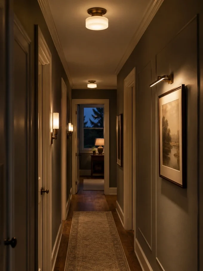 A dimly lit hallway with multiple light sources including ceiling lights and wall sconces, a framed picture on the wall, and a runner rug on the floor.
