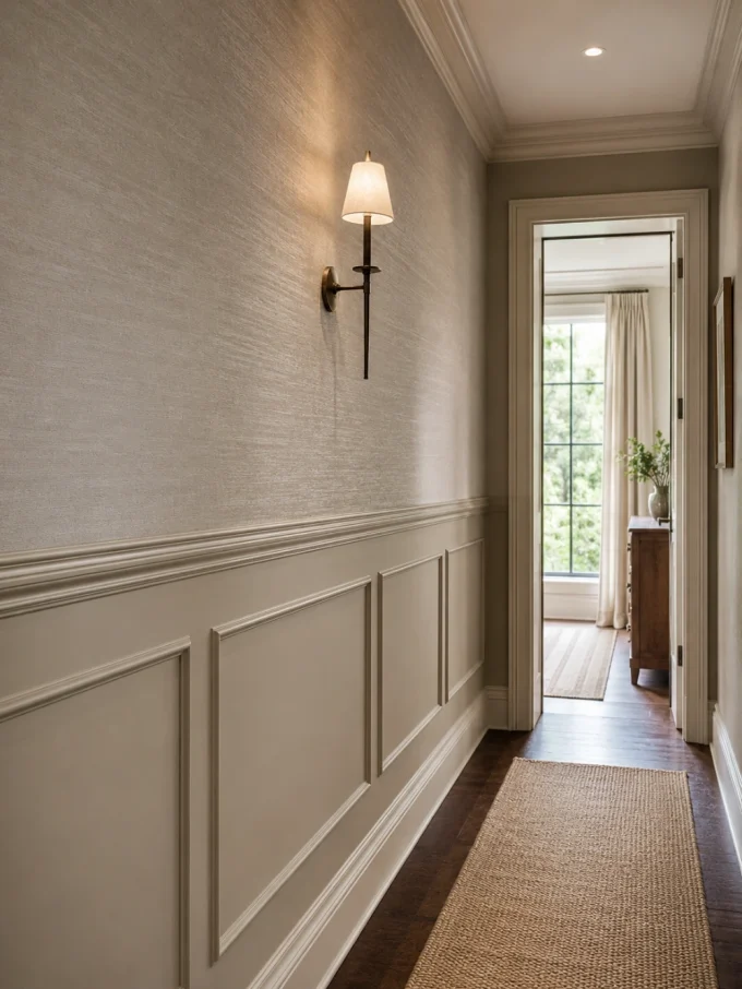 A hallway with wainscoting and textured wallpaper, featuring a sconce, dark wood floors, and an open door leading to another room.