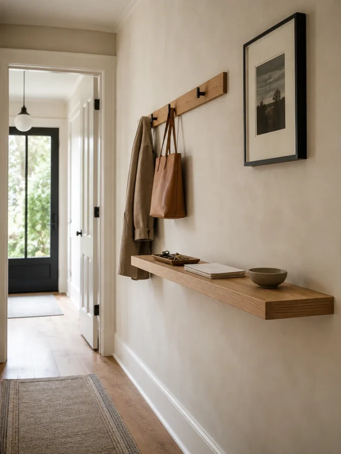 A floating wooden shelf with a few items on it, including a bowl and a stack of papers, and a coat rack with a bag and jacket hanging from it.