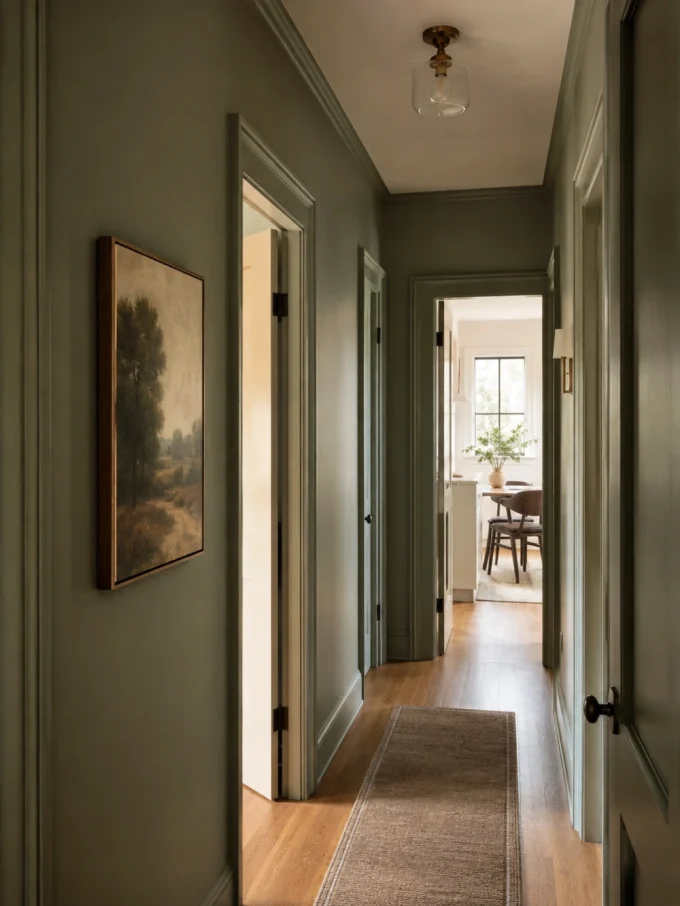 A muted green hallway with a painting, open door, and view of a dining room