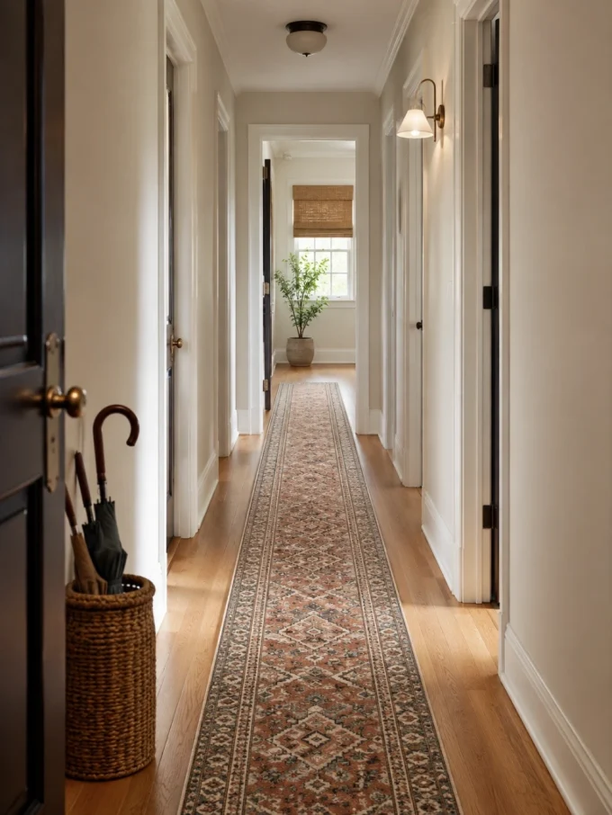 A long hallway with a patterned runner rug, white walls, and several doorways.