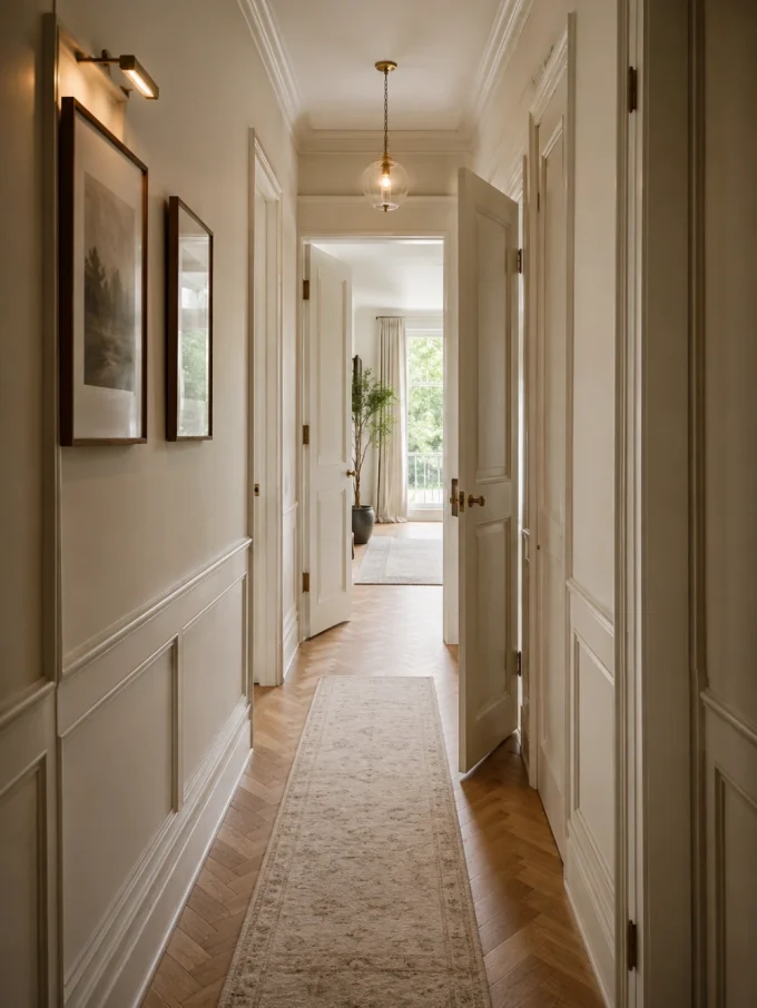 A narrow hallway with white walls, wood floors, and open doors