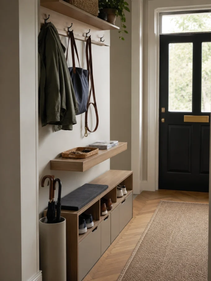 A hallway storage bench with coats, bags, and shoes underneath