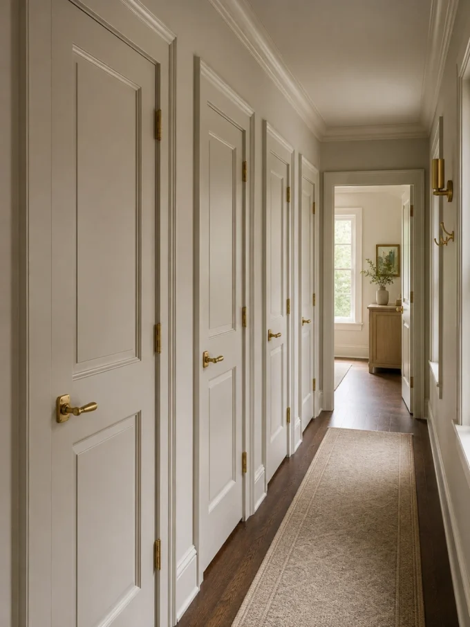 Narrow hallway with repeated paneled doors, matching cream trim, coordinated brass handles and hinges, and a neutral runner rug.
