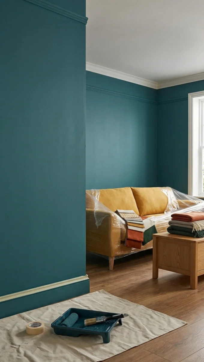 A sofa features sofa and armchairs grouped around a coffee table, with a plastic-wrapped blanket and stacked blankets.
