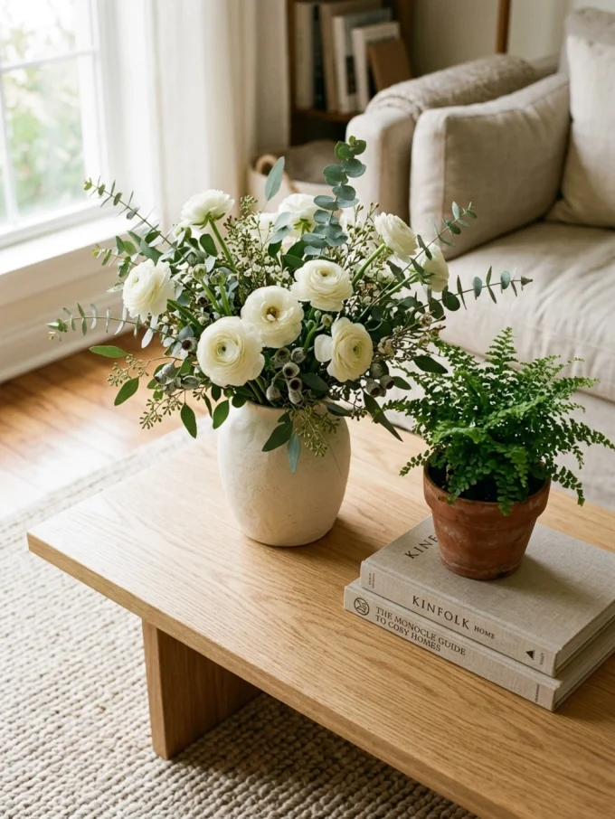 a white vase with white flowers and greenery, a small potted plant, and two books on a wooden coffee table